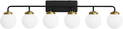 Black Gold Bathroom Light Fixtures Over Mirror, Modern Vanity Lighting with Milk White Glass Globe Shades 6-Light Farmhouse Wall Sconce