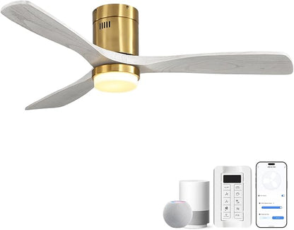 CACI Mall Smart 52 inch Wood Flush Mount Ceiling Fans with Lights and Remote, 3 Blades, Low Profile, Modern, Compatible with Alexa/Google/App, Outdoor Indoor Ceiling Fans for Bedroom/Farmhouse/Patio