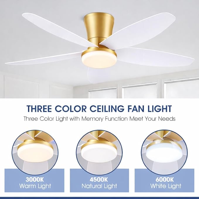 Surtime 42" Ceiling Fans with Lights-Low Profile Ceiling Fan with Light and Remote/APP Control,Flush Mount Gold Ceiling Fan with Reversible White Blades
