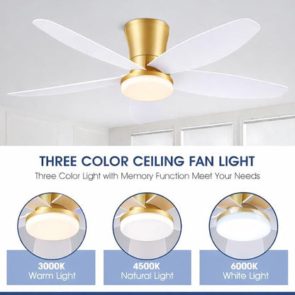 Surtime 42" Ceiling Fans with Lights-Low Profile Ceiling Fan with Light and Remote/APP Control,Flush Mount Gold Ceiling Fan with Reversible White Blades