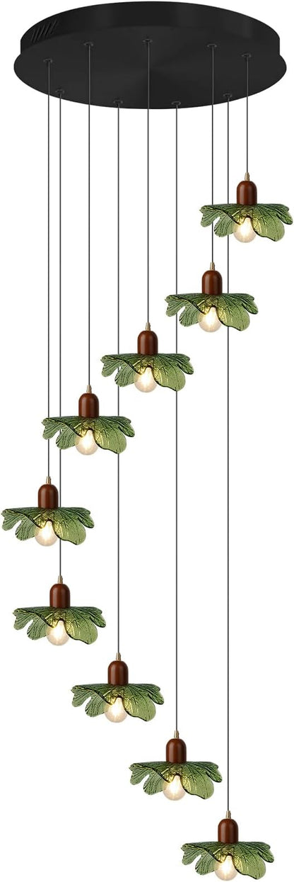 9-Light Green Glass Chandelier for High Ceilings, Vintage Black Hanging Pendant Light Over Kitchen Island, Dining Table, Villa Foyer, Long Ceiling Lighting Fixture