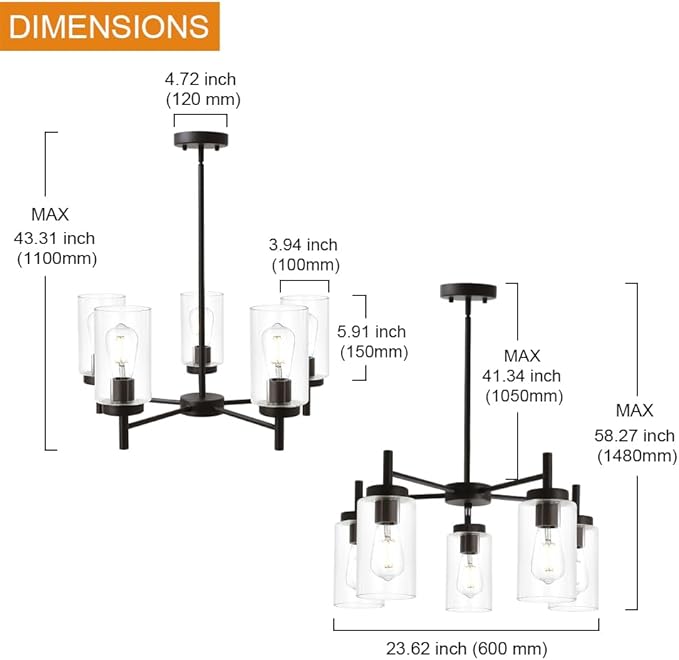 Contemporary 5-Light Large Chandeliers Oil Rubbed Bronze Modern Lighting Fixtures Hanging Clear Glass Shades Pendant Lighting for Dining Room Living Room Kitchen