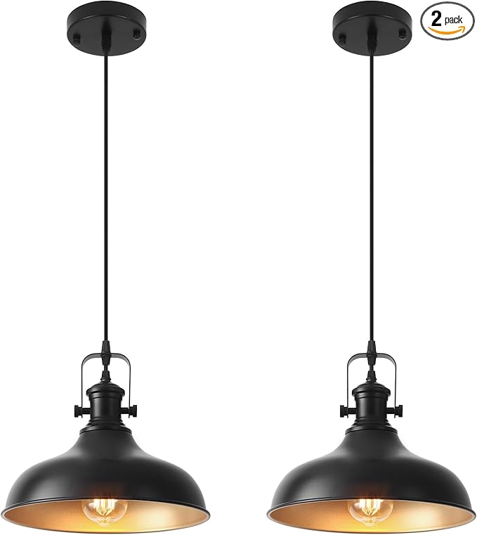 Farmhouse Pendant Lights, 11.4" Black Pendant Lighting for Kitchen Island, 2 Pack Kitchen Island Lighting, Industrial Vintage Hanging Light Fixtures for Barn, Dining Room