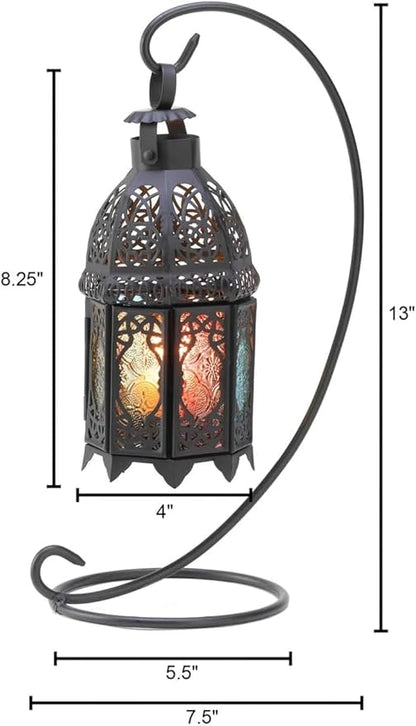 Zingz & Thingz Moroccan Style Candle Lantern Holder, Decorative Light Home Decor, Indoor & Outdoor, 13" Tall, Black with Rainbow Glass