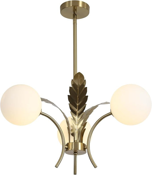 BOKT 3 White Globe Dining Room Light Fixtures Over Table Gold Brass Milk Glass Semi Flush Mount Ceiling Lights Mid Century Modern Sputnik Chandelier for Entryway Farmhouse Kitchen