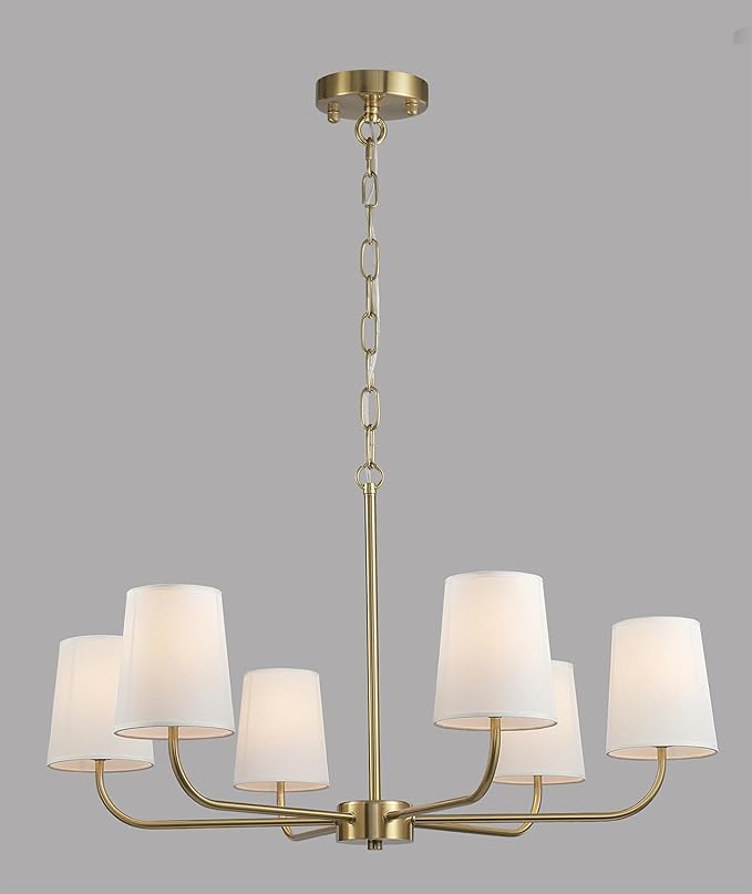 6-Light Brushed Gold Pendant Chandelier with White Linen Shades, E12 Base - Farmhouse & Industrial Style for Kitchen, Living Room, Dining Room, or Bedroom Lighting