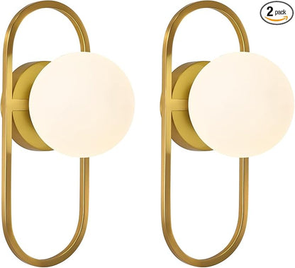 SeeU Mid Century Wall Sconces Modern Gold Vanity Wall Lamp with White Globe Lampshade Wall Light Fixture for Bathroom Bedroom Living Room Set of 2