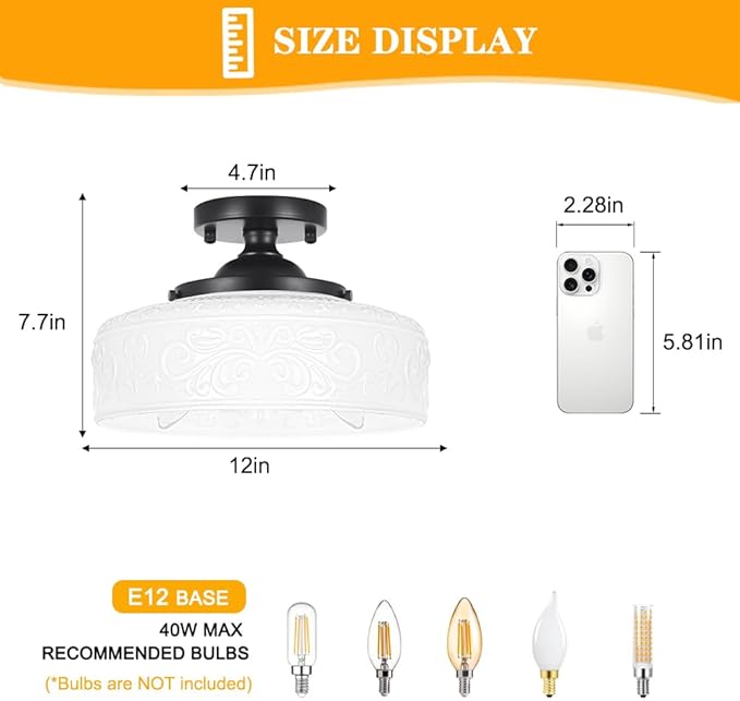 Daunton Black Semi Flush Mount Ceiling Light with Hand-Carved Design - 12 Inch Vintage White Glass Shade with Etched Patterns, Easy Install 3-Light Fixture for Hallway, Kitchen, Bedroom