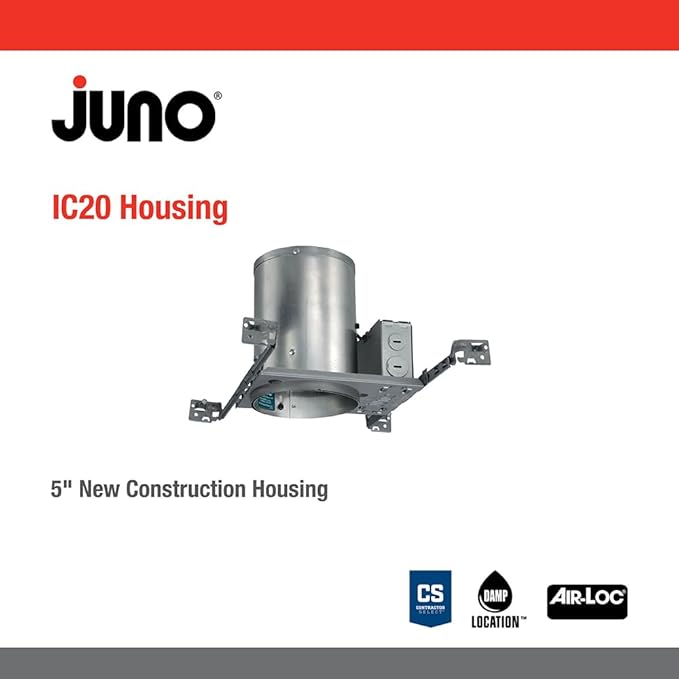 Juno 5 Inch Incandescent Ceiling Light Housing for New Construction, IC Rated Recessed Light with Adjustable Bar Hangers and Medium Base Socket, Damp Location UL Listed Can Lighting