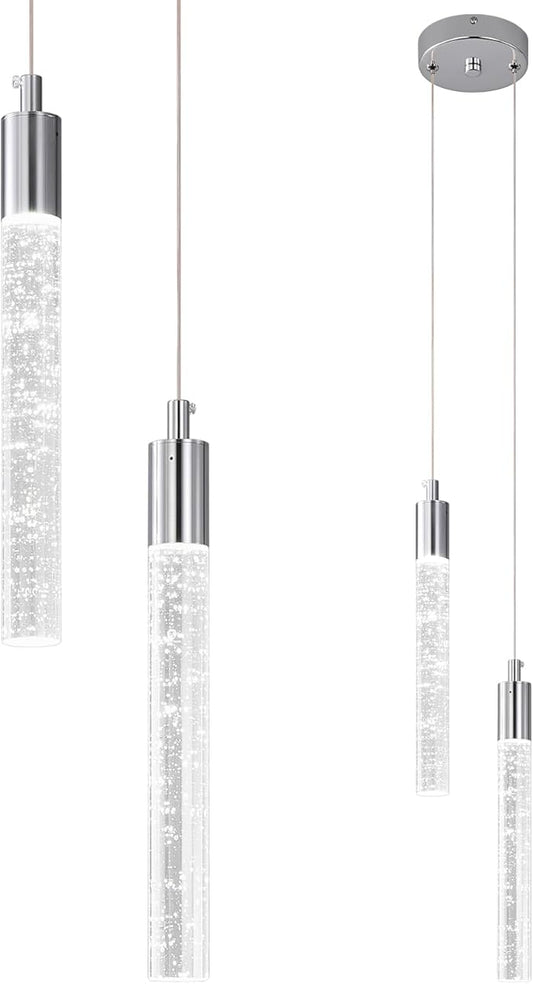 Modern Light Fixture Kitchen Island Pendant Light Dimmable LED Chrome Pendant Lights Mini Crystal Pendant Lighting for Bedroom Dining Room Living Room（2-Light ）