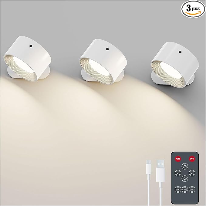 Koopala 3PACK Rechargeable LED Wall Sconce, Cordless Battery with Remote, Powered Wall Sconce, 3 Brightness Levels, 360° Swivel Magnetic Shade for Bedrooms, Hallways, Den and Reading Spaces（White）
