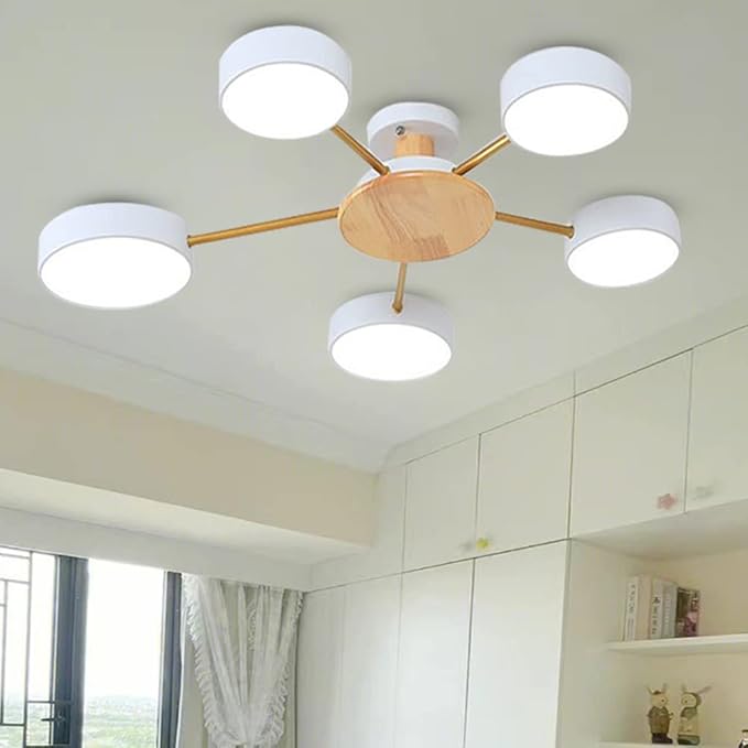 5-Lights LED Ceiling Light Fixture,32 Inch Modern Ceiling Lights Flush Mount Wooden 40W Dimmable Chandelier for Living Room Bedroom Kitchen,3000K/4000K/6000K Temperatures Selectable White