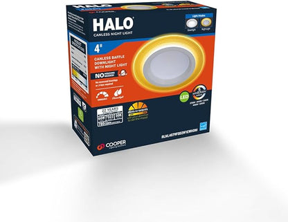 HALO RL 4 inch Recessed LED Canless Night Light Downlight, 750 Lumens, Selectable 2700K-5000K CCT with Dim to Warm, 2-Mode Toggle Switch for Nursery, Bathroom, Matte White - RLNL4079FSD2W1EWHDM
