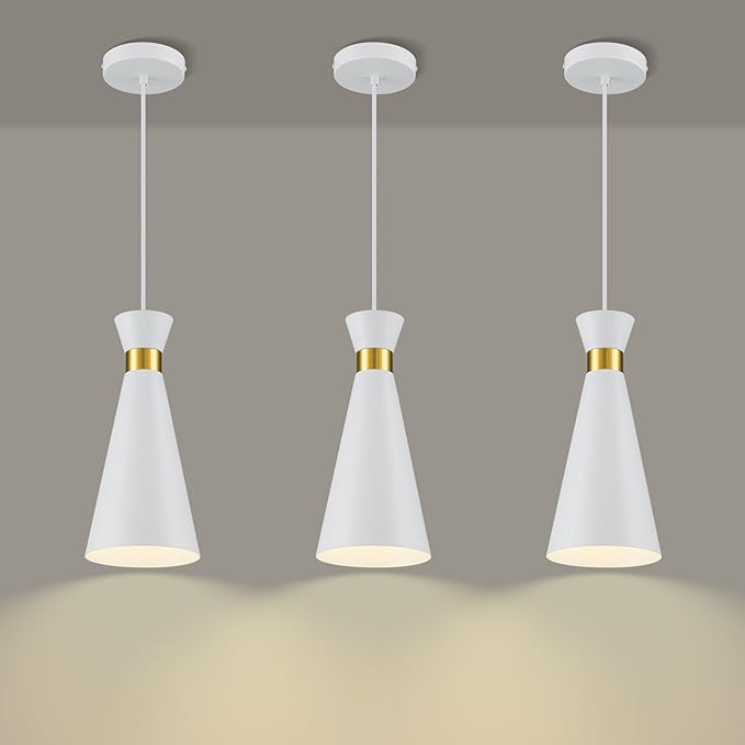 2026 New White & Brass Gold Pendant Lights Kitchen Island 3 Pack, 5.9"D x 13"H Cone Shape, Mid Century Modern Pendant Light Fixtures, Island Lights Kitchen Pendant Lighting over Sink Dining Room