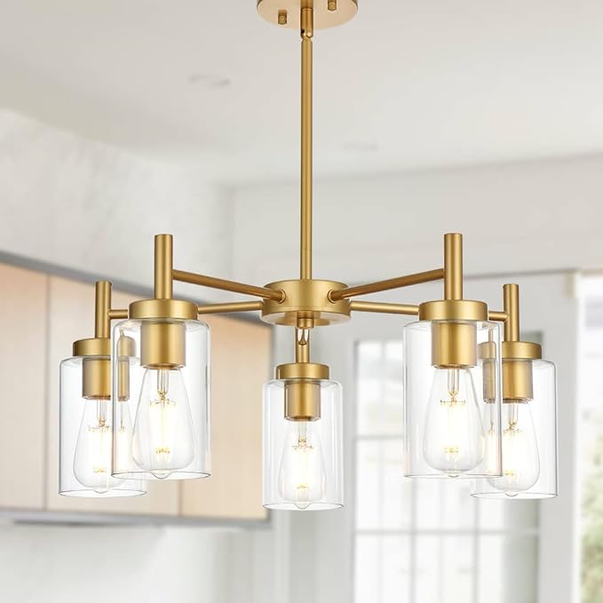 Retro Large Chandelier with Clear Glass Shade Metal Indoor Kitchen Island Pendant Lighting in Gold Finish Modern Light Fixture Hanging for Dining Room