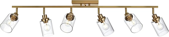 MELUCEE 6 Light Bathroom Vanity Light Fixtures Multi-Directional Rotating Track Lighting Kit Brass, 45.3 Inch Ceiling Spotlight Fixture for Kitchen Foyer Bath, Clear Glass Shade