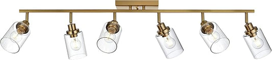 MELUCEE 6 Light Bathroom Vanity Light Fixtures Multi-Directional Rotating Track Lighting Kit Brass, 45.3 Inch Ceiling Spotlight Fixture for Kitchen Foyer Bath, Clear Glass Shade