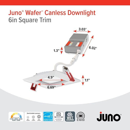 Juno LED Recessed Lights 6 Inch Square Wafer Downlight, 5-in-1 Switchable White Color Temperature, Adjustable Brightness, 120 Volts, 6-Inch Trim, 1 Pack, Matte White
