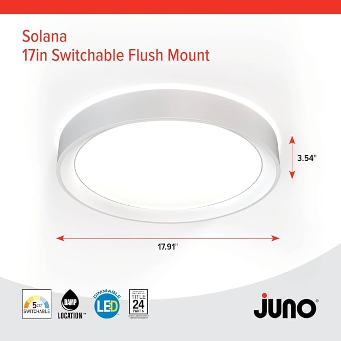 Juno 17 Inch Round LED Flush Mount Ceiling Light, Solana Series Low Profile Modern Ceiling Light Fixture, 5-in-1 Switchable White Color Temperature, Dimmable, Matte White