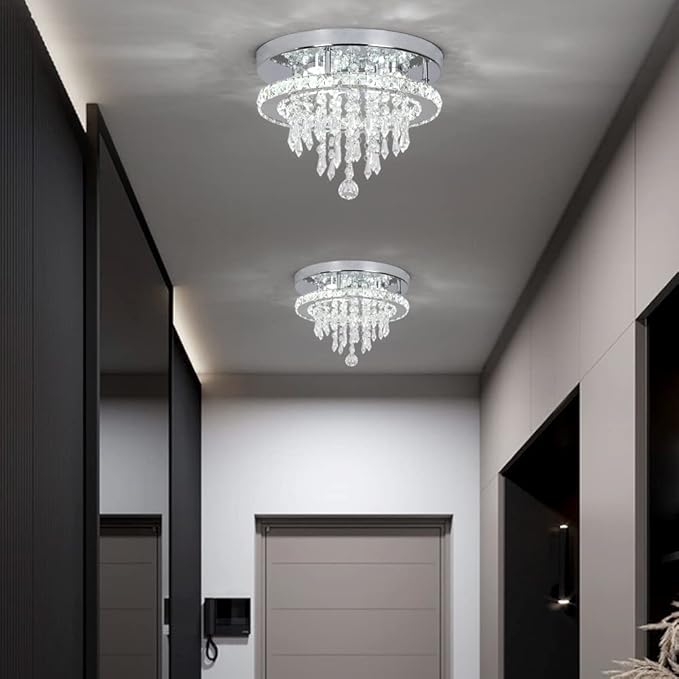 Deckrico Modern K9 Crystal Chandelier 3 LED Lights Stainless Steel Pendant Lamp Flush Mount Light Fixtures for Dining Room Bathroom Bedroom Living Room (Cool White)
