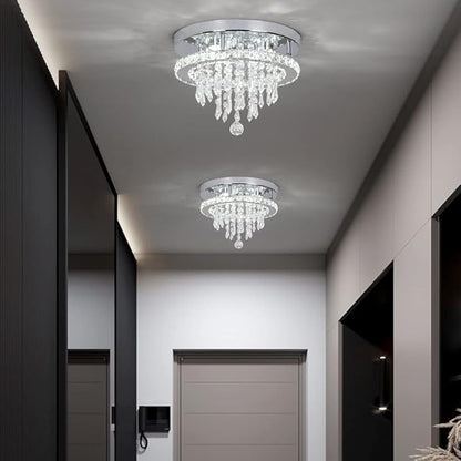 Deckrico Modern K9 Crystal Chandelier 3 LED Lights Stainless Steel Pendant Lamp Flush Mount Light Fixtures for Dining Room Bathroom Bedroom Living Room (Cool White)