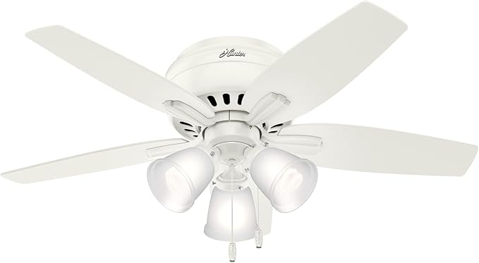 Hunter 42 inch Indoor Ceiling Fan with LED Lights - White Ceiling Fan with Pull Chain, For Bedroom or Living Room, Low Profile Flush Mount, No Remote, 5 Blades - Newsome 51077, Fresh White