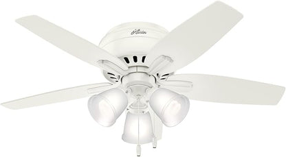 Hunter 42 inch Indoor Ceiling Fan with LED Lights - White Ceiling Fan with Pull Chain, For Bedroom or Living Room, Low Profile Flush Mount, No Remote, 5 Blades - Newsome 51077, Fresh White