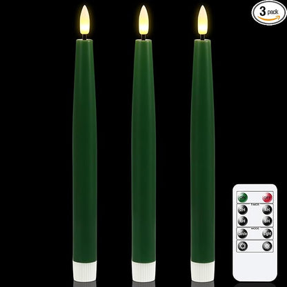 GenSwin Flameless Taper Candles with Remote Timer, Real Wax LED Flickering Candlesticks Battery Operated 3D Wick for Wedding, Party, Home(Christmas Green, 9.84", Set of 3)