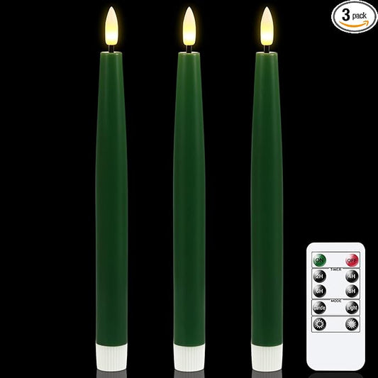 GenSwin Flameless Taper Candles with Remote Timer, Real Wax LED Flickering Candlesticks Battery Operated 3D Wick for Wedding, Party, Home(Christmas Green, 9.84", Set of 3)
