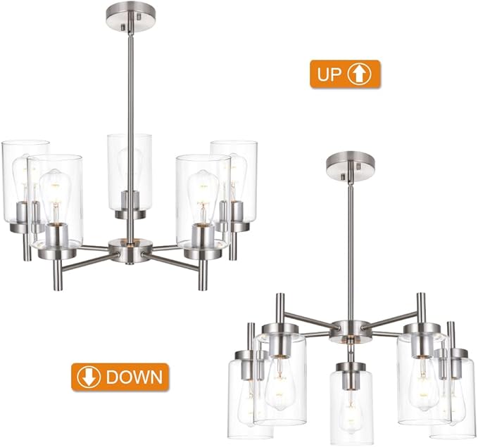 Contemporary 5 Light Large Chandeliers Modern Clear Glass Shades Pendant Lighting Brushed Polished Nickel Dining Room Lighting Fixtures Hanging Adjustable Wire Semi Flush Ceiling Lights