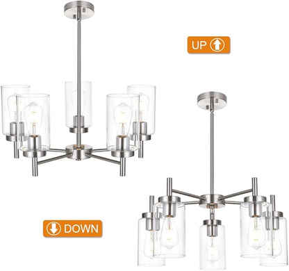 Contemporary 5 Light Large Chandeliers Modern Clear Glass Shades Pendant Lighting Brushed Polished Nickel Dining Room Lighting Fixtures Hanging Adjustable Wire Semi Flush Ceiling Lights
