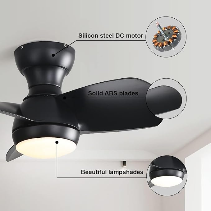 KEIKI 23 Inch Ceiling Fans with Lights & Remote Indoor, Outdoor Modern Ceiling Fan, Small Noiseless Fan w/Dimmable & Timer for Bedroom & Kitchen, 3 ABS Blades & 6 Speed Reversible DC Motor, Black