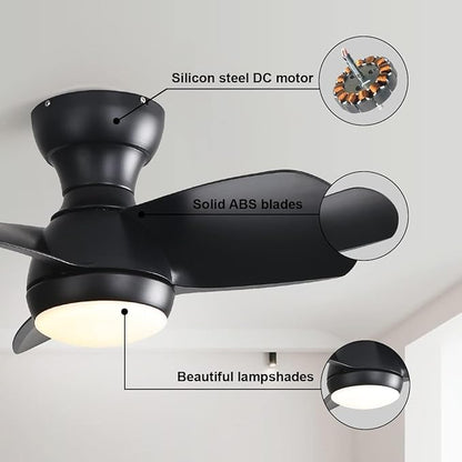 KEIKI 23 Inch Ceiling Fans with Lights & Remote Indoor, Outdoor Modern Ceiling Fan, Small Noiseless Fan w/Dimmable & Timer for Bedroom & Kitchen, 3 ABS Blades & 6 Speed Reversible DC Motor, Black