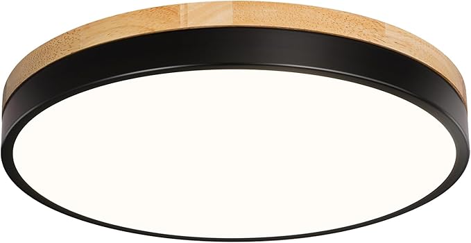 Modern Wood Black Flush Mount Ceiling Light, 11.81" Round LED Low Profile Close to Ceiling Fixture for Kitchen Bedroom Bathroom Laundry Hallway Entryway Closet Living Room