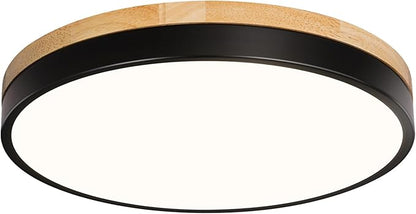 Modern Wood Black Flush Mount Ceiling Light, 11.81" Round LED Low Profile Close to Ceiling Fixture for Kitchen Bedroom Bathroom Laundry Hallway Entryway Closet Living Room