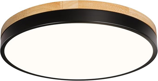 Modern Wood Black Flush Mount Ceiling Light, 11.81" Round LED Low Profile Close to Ceiling Fixture for Kitchen Bedroom Bathroom Laundry Hallway Entryway Closet Living Room