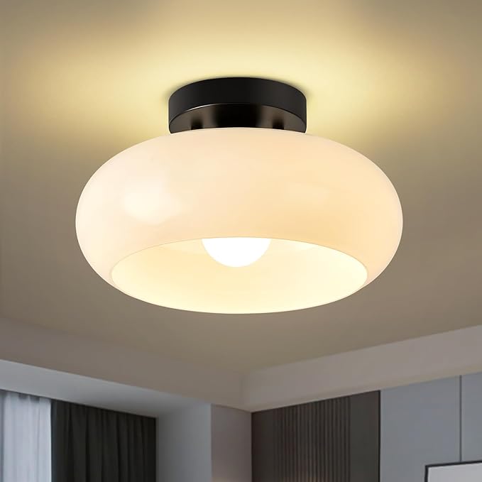 Mid-Century Modern Black Semi Flush Mount Ceiling Light,White Glass Dome Hallway Lighting Fixtures,Metal Close to Ceiling Lamp for Entryway Bathroom Kitchen Bedroom Porch Foyer Office (11 Inch)