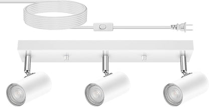 AUQUEE 3 Light Track Lighting Kit,White 3 Way Flexible Plug in Ceiling Spotlight,Industrial LED Wall Light for Kitchen Cabinet Gallery Bar Hallway Living Room,Rocker Switch,15 ft Cord(No Bulb)