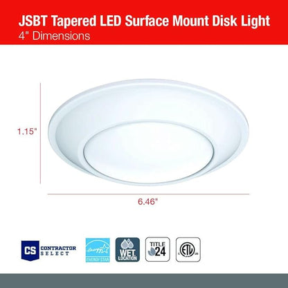 Juno SlimBasics 4 Inch LED Ceiling Light, LED Surface Mount Downlight for Shower Light or Closet Lighting, 3000K Neutral White, Tapered Trim, Wet Rated, Matte White (JSBT 4IN 30K 90CRI MW WL M6)