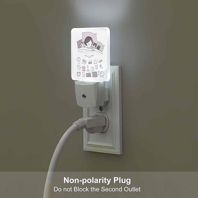 LED Night Light,Girl Cats Sleep in Bed Good Night Sweet Dream Bed Time LED Night Light Plug into Wall with Dusk to Dawn Light Sensor White Energy Efficient Nightlight for Bedroom Hallway
