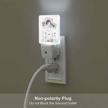 LED Night Light,Girl Cats Sleep in Bed Good Night Sweet Dream Bed Time LED Night Light Plug into Wall with Dusk to Dawn Light Sensor White Energy Efficient Nightlight for Bedroom Hallway