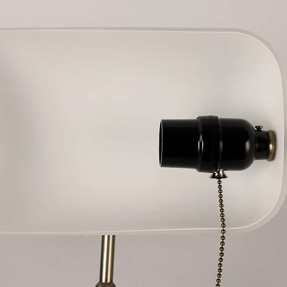 Glass Bankers Desk Lamp with Pull Chain Switch Plug in Fixture,Satin Brass Finish (White)