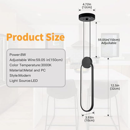 Modern Black LED Pendant Lights Fixtures, 2 Pack Minimalist Design Oval Pendant Lighting for Kitchen Island,Warm White Hanging Light for Bedroom Dining Room Bathroom 8W