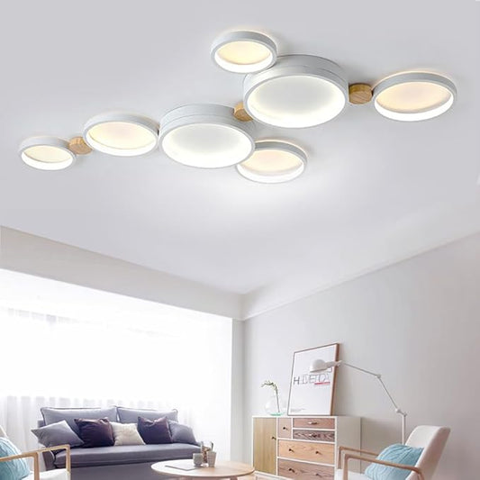 7-Lights LED Ceiling Light Fixture,Modern 42 Inch Ceiling Lights Flush Mount Wooden 47W Dimmable Chandelier for Living Room Bedroom Kitchen,3000K/4000K/6000K Temperatures Selectable White