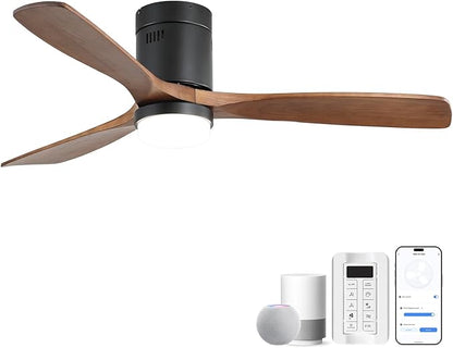 CACI Mall Smart 52 inch Wood Flush Mount Ceiling Fans with Lights and Remote, 3 Blades, Low Profile, Modern, Compatible with Alexa/Google/App, Outdoor Indoor Ceiling Fans for Bedroom/Farmhouse/Patio