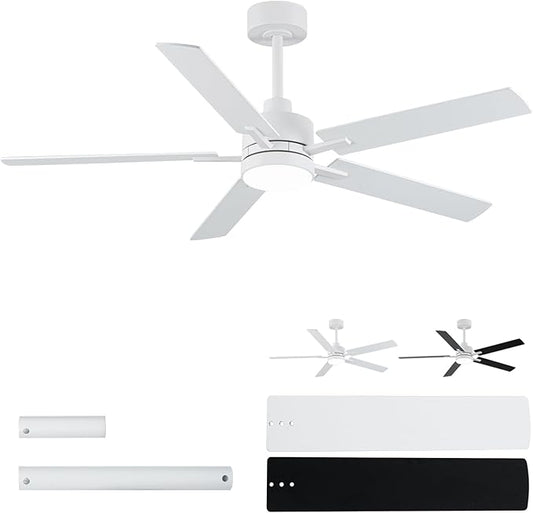 LANMEL 52'' White Ceiling Fans with Lights and Remote, 6 Speed Low Profile Modern Ceiling Fan with Quiet DC Motor for Indoor Outdoor Bedroom Living Room
