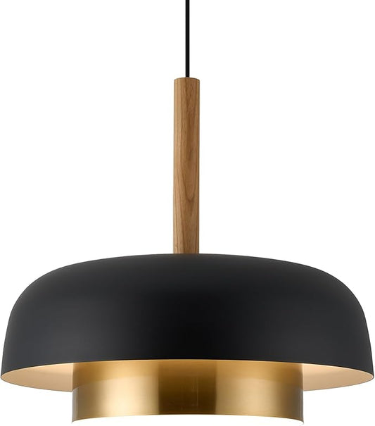 Mid Century Large Pendant Lighting,18.8 inch,Double-Layer,Real Wood Accent,Black and Gold Modern Chandelier for Dining Room,Kitchen, Living Room