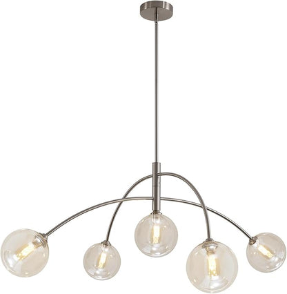 Mid Century Modern Sputnik Chandelier with Glass Globe Cognac Shade Adjustable 5 Light Silver Chandelier for Dining Room Kitchen Bedroom