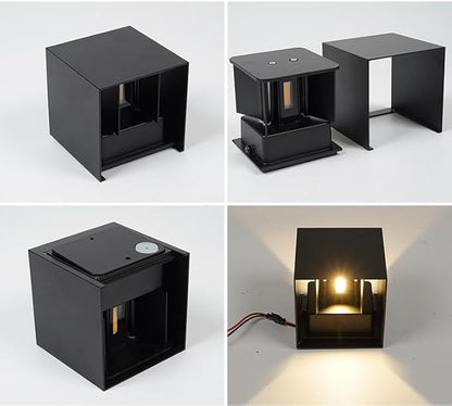 2 Pack Hardwired Compact Modern Black Wall Sconces Set, Up Down LED Light 3000K Warm White, BUILT-IN LEDs INCLUDED, 4x4x4" Matte Aluminum Indoor Outdoor Waterproof, Cube Lamps, Porch, Hallway, Bedroom