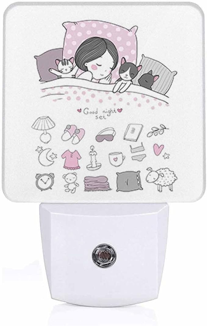 LED Night Light,Girl Cats Sleep in Bed Good Night Sweet Dream Bed Time LED Night Light Plug into Wall with Dusk to Dawn Light Sensor White Energy Efficient Nightlight for Bedroom Hallway